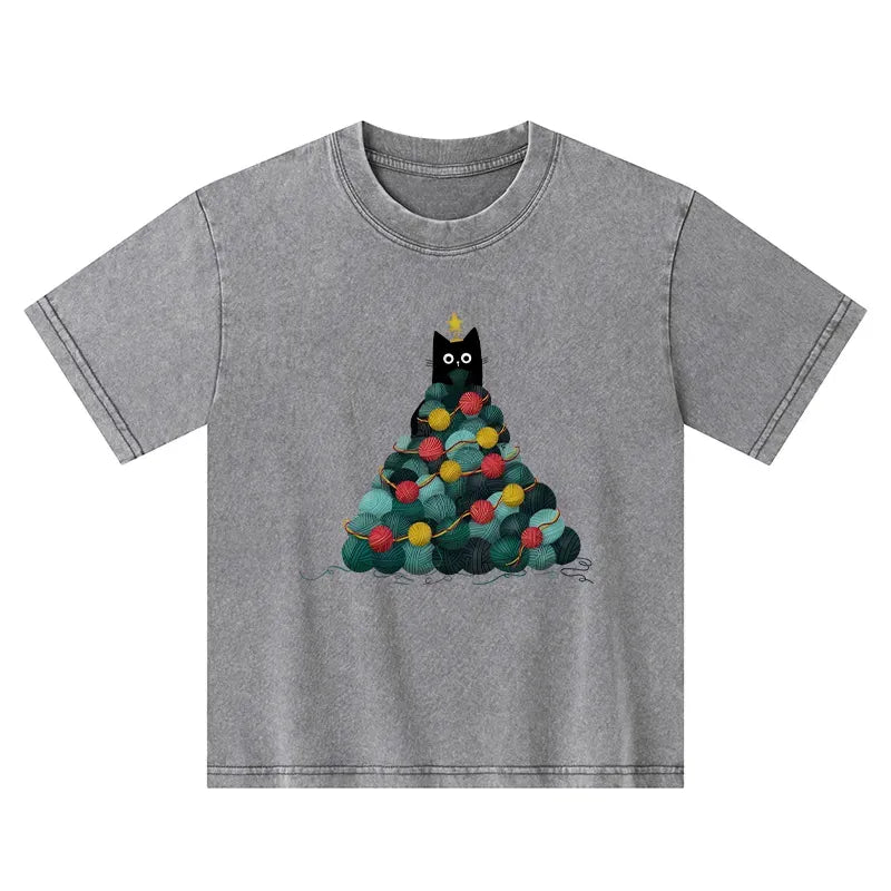 Kyoto-Lion Yarn Christmas Tree Cat Kids Washed T-Shirt