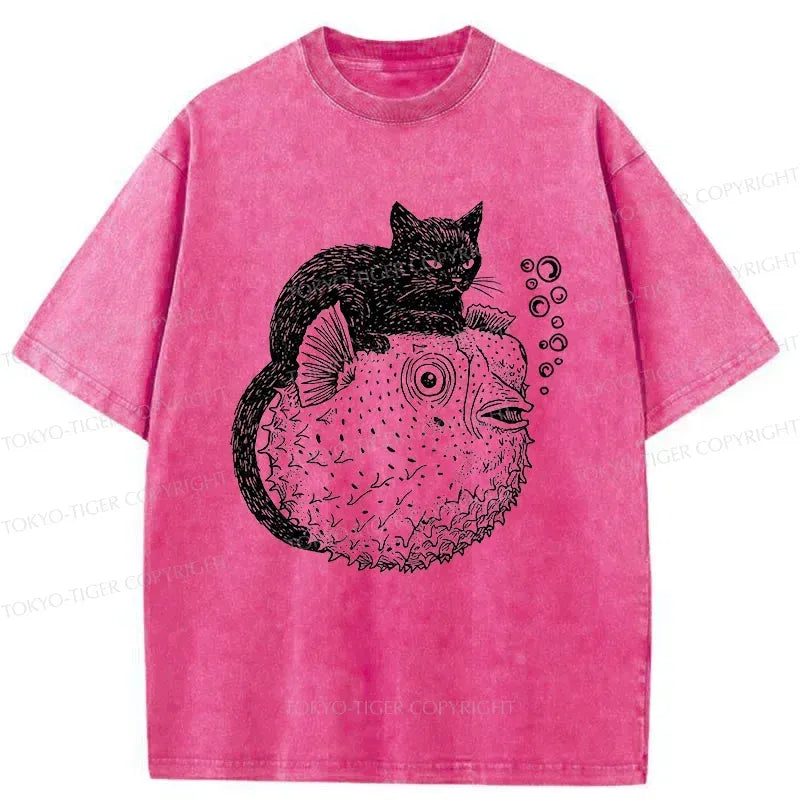 Japanese Washed Tee with Black Cat for Summer