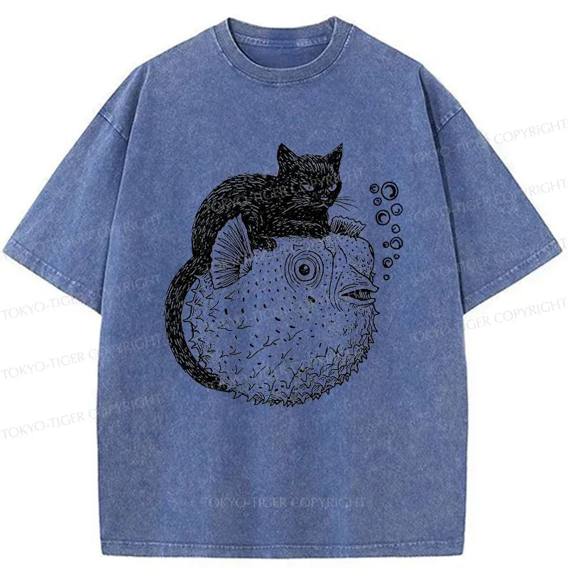 Kyoto-Lion Black Cat Riding A Pufferfish Washed T-Shirt