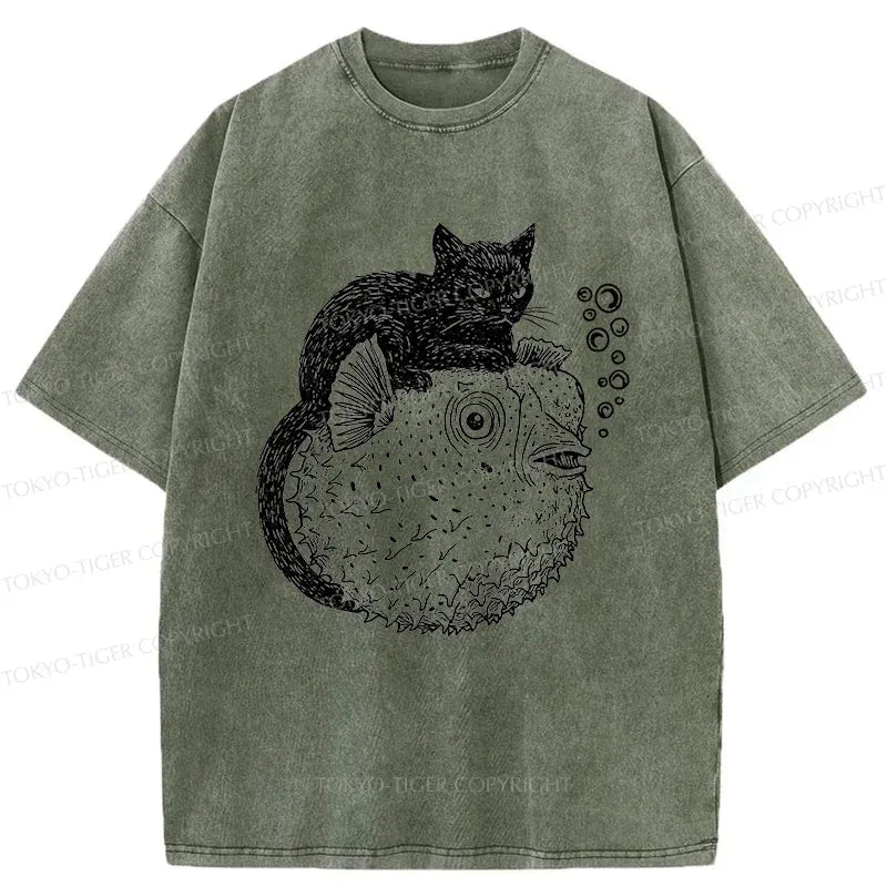 Black Cat Pufferfish T-Shirt for Gift Idea