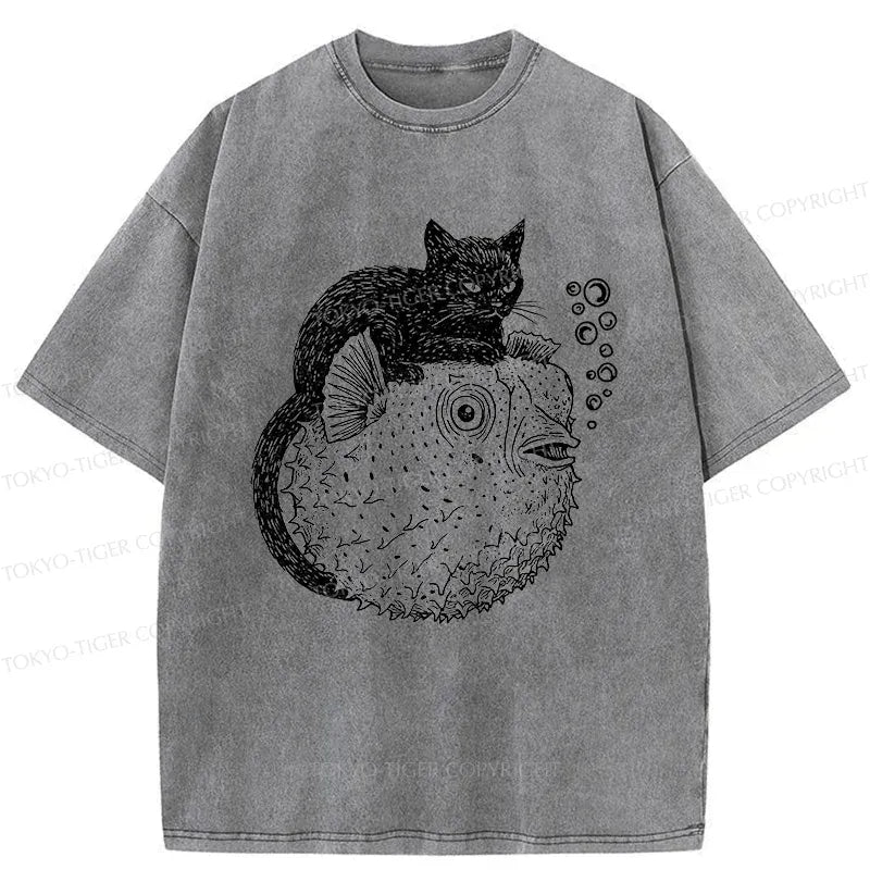 Kyoto-Lion Black Cat Riding A Pufferfish Washed T-Shirt