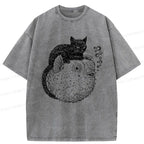Kyoto-Lion Black Cat Riding A Pufferfish Washed T-Shirt