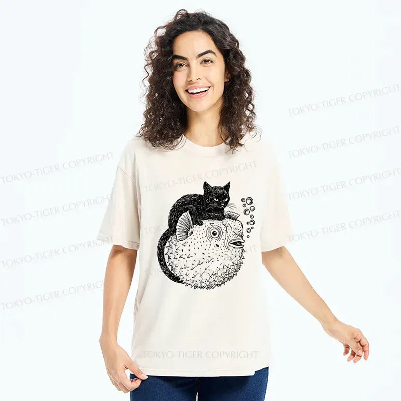 Kyoto-Lion Black Cat Riding A Pufferfish Washed T-Shirt