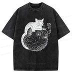 Kyoto-Lion Black Cat Riding A Pufferfish Washed T-Shirt