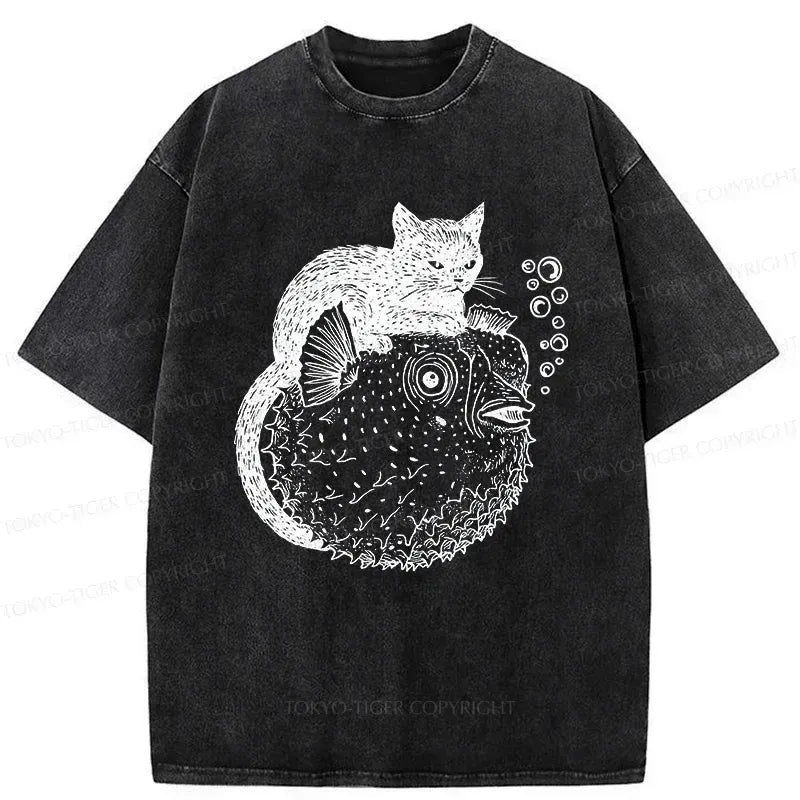 Kyoto-Lion Black Cat Riding A Pufferfish Washed T-Shirt