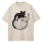 Kyoto-Lion Black Cat Riding A Pufferfish Washed T-Shirt
