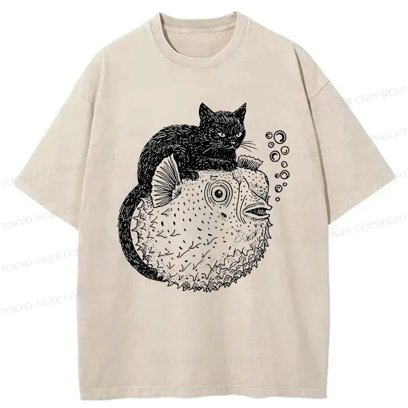 Kyoto-Lion Black Cat Riding A Pufferfish Washed T-Shirt