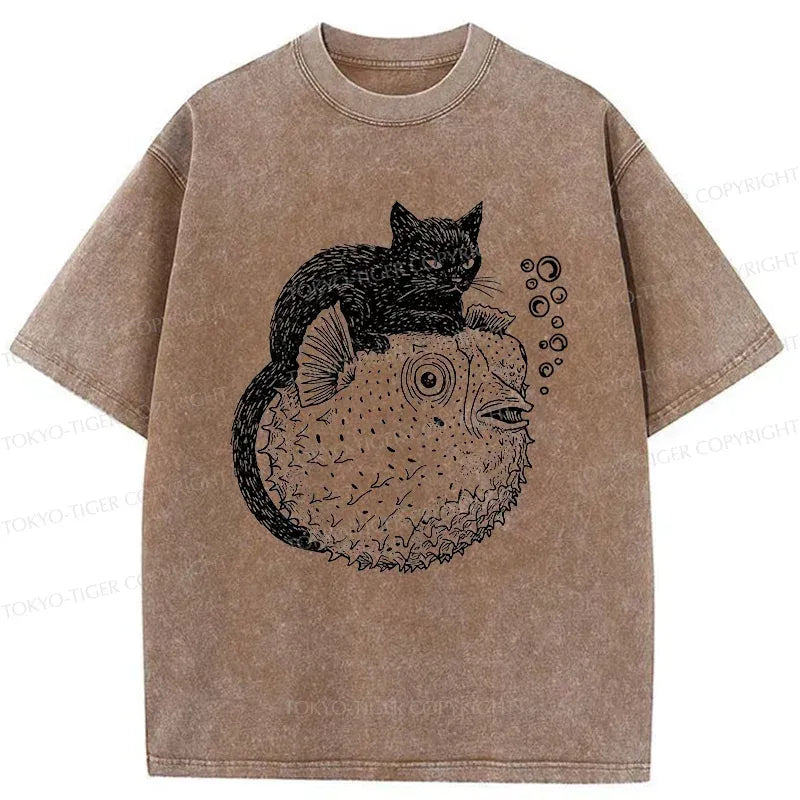 Black Cat Pufferfish T-Shirt for Gift Idea