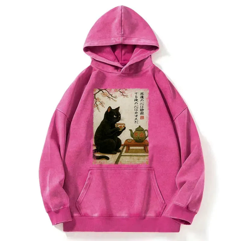 Kyoto-Lion Tea Time With A Black Cat Washed Hoodie