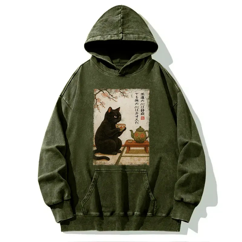 Kyoto-Lion Tea Time With A Black Cat Washed Hoodie