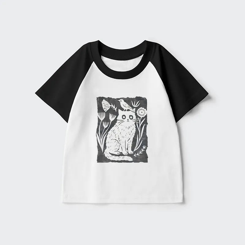 Kyoto-Lion Folk Paper Cut Cat Bird Floral Art Kids Raglan T-shirt