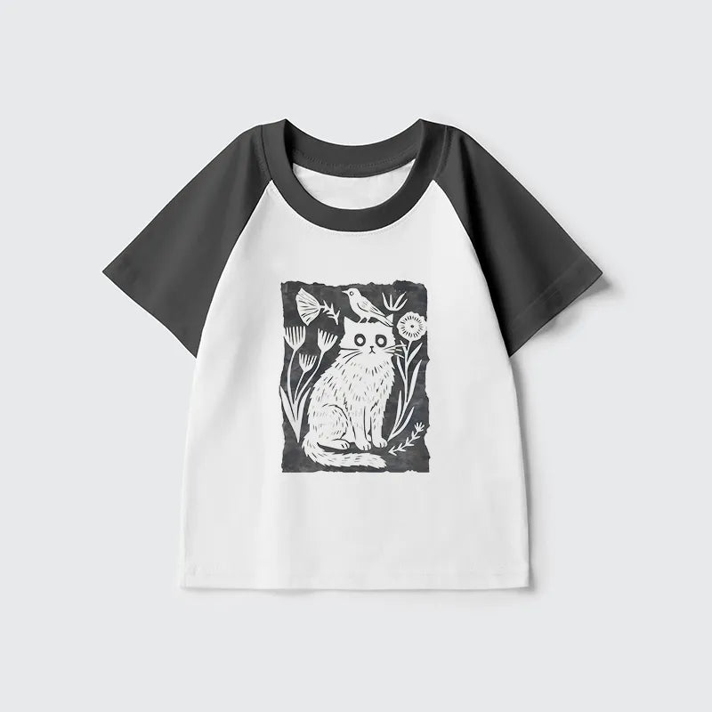 Kyoto-Lion Folk Paper Cut Cat Bird Floral Art Kids Raglan T-shirt