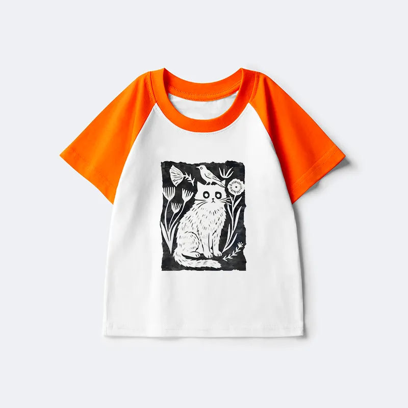 Kyoto-Lion Folk Paper Cut Cat Bird Floral Art Kids Raglan T-shirt
