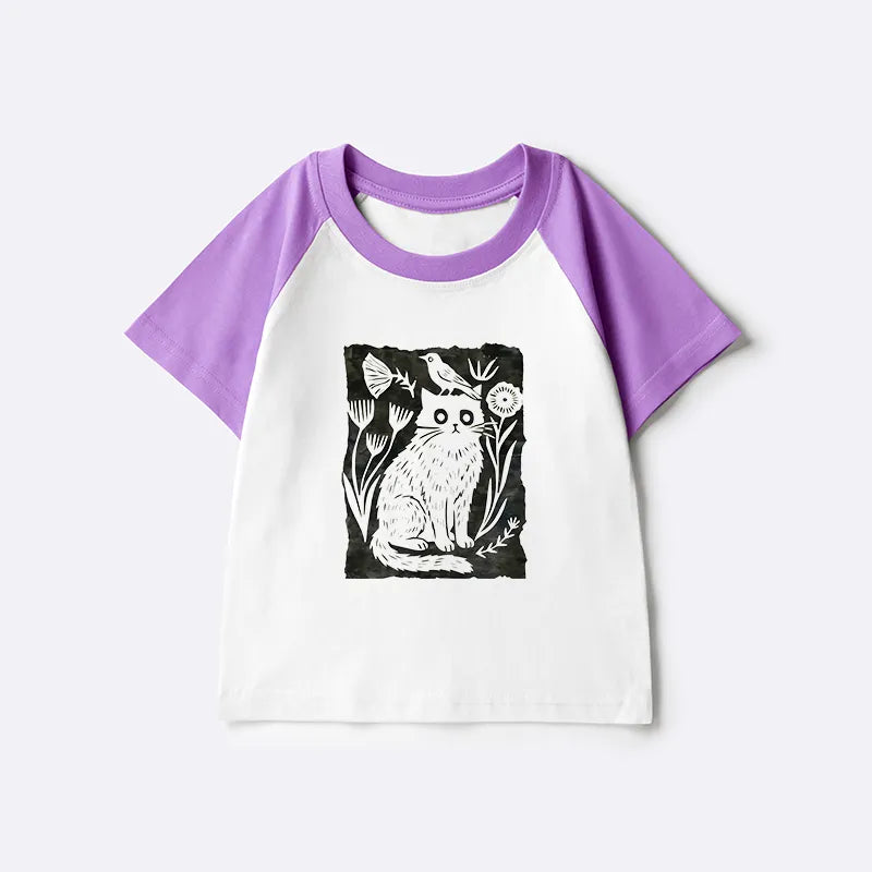 Kyoto-Lion Folk Paper Cut Cat Bird Floral Art Kids Raglan T-shirt