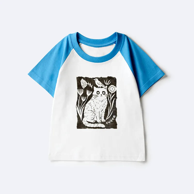Kyoto-Lion Folk Paper Cut Cat Bird Floral Art Kids Raglan T-shirt