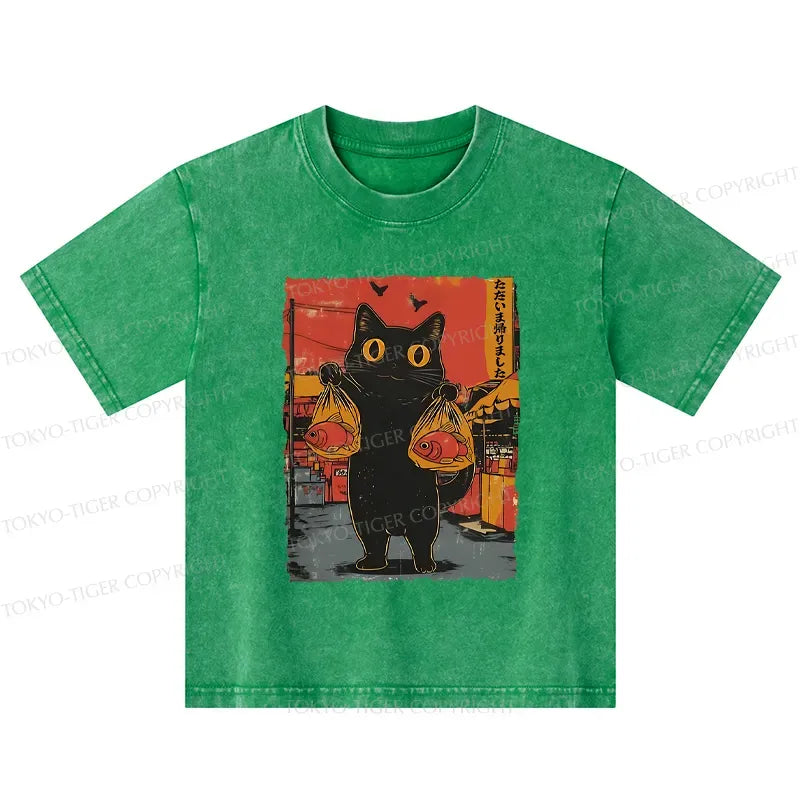 Kyoto-Lion Cat Fishing Japanese Kids Washed T-Shirt