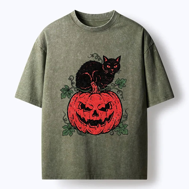 Kyoto-Lion Pumpkin Black Cat Washed T-Shirt