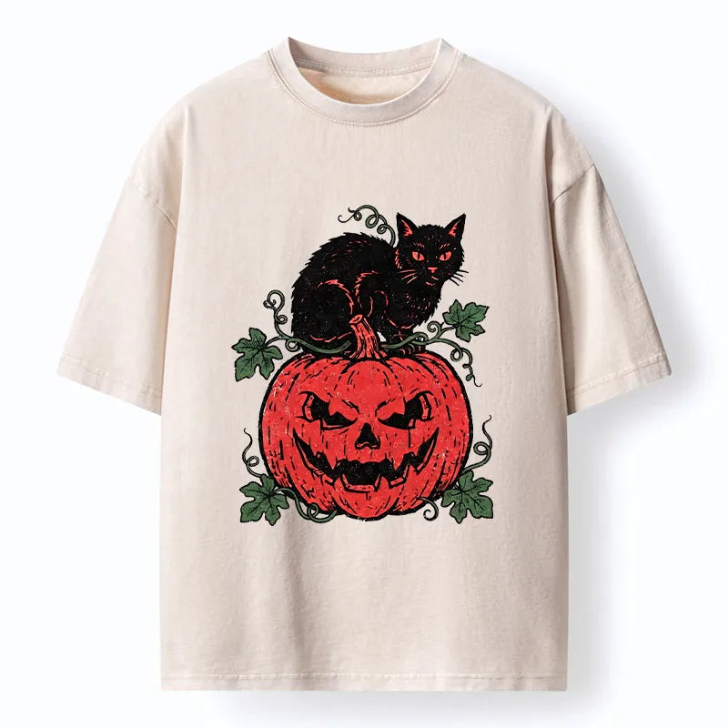 Kyoto-Lion Pumpkin Black Cat Washed T-Shirt