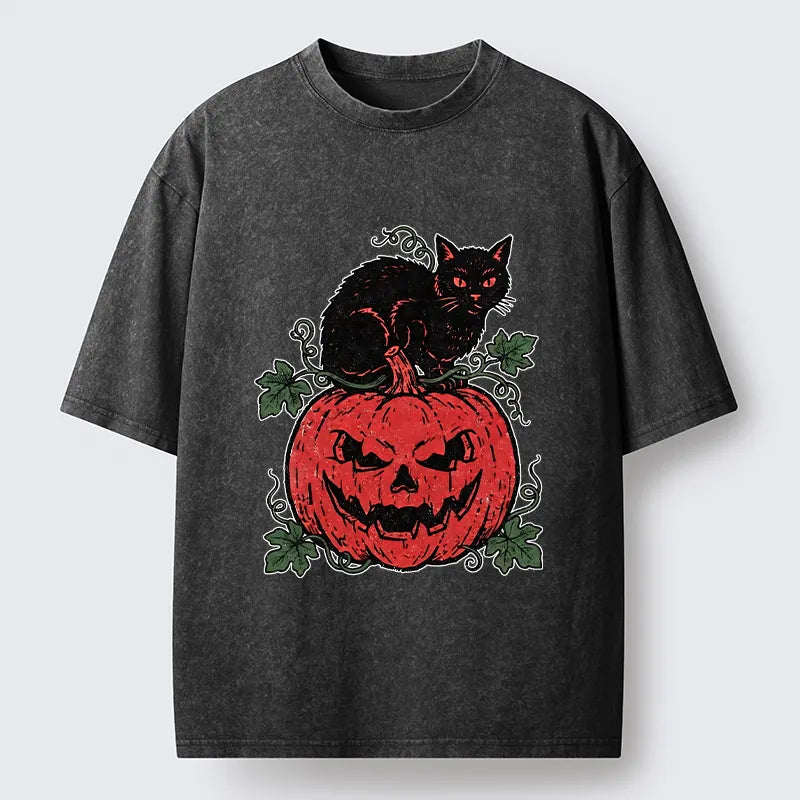 Kyoto-Lion Pumpkin Black Cat Washed T-Shirt