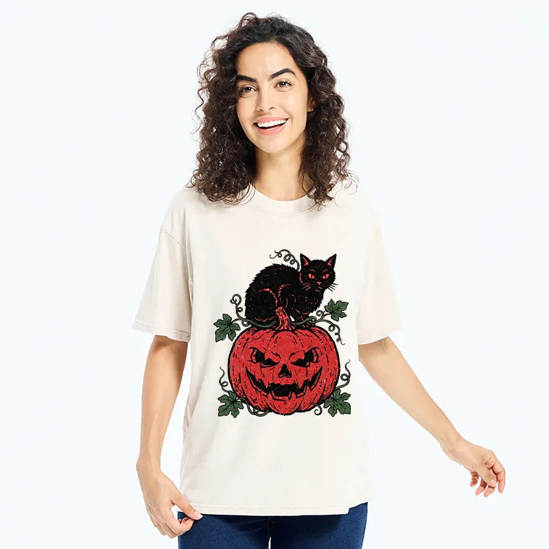 Kyoto-Lion Pumpkin Black Cat Washed T-Shirt
