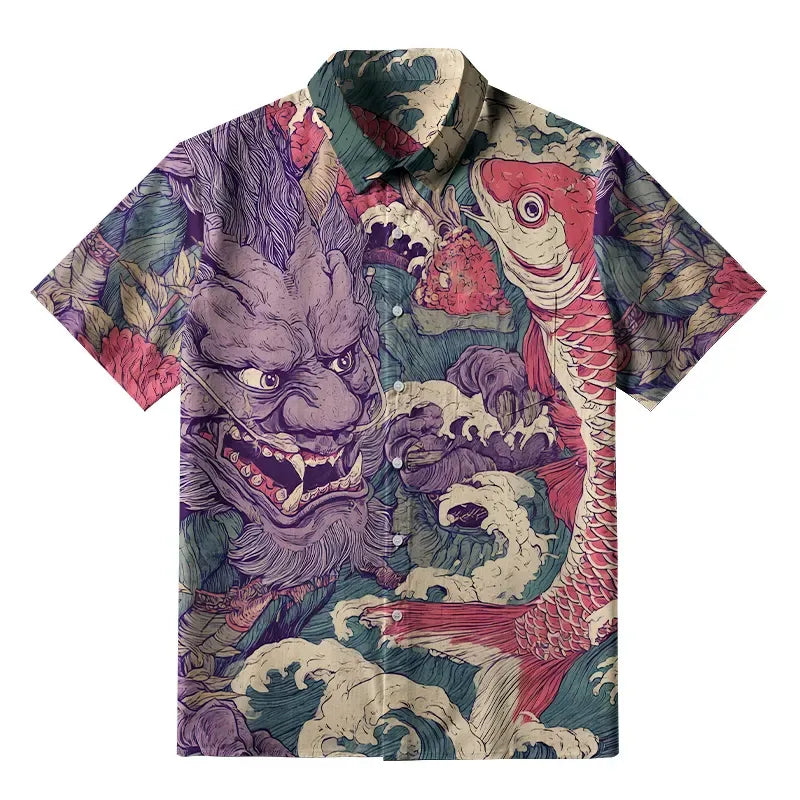 Japanese Dragon Koi Button-up Shirt for Summer