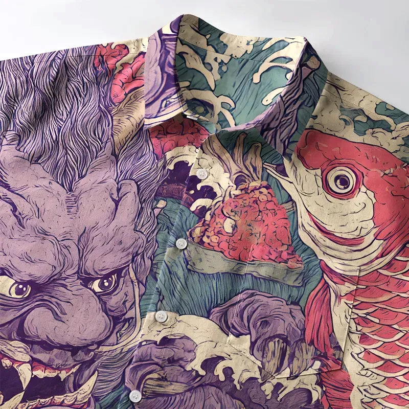 Kyoto-Lion Dragon And Koi In The Waves Button-up Shirt