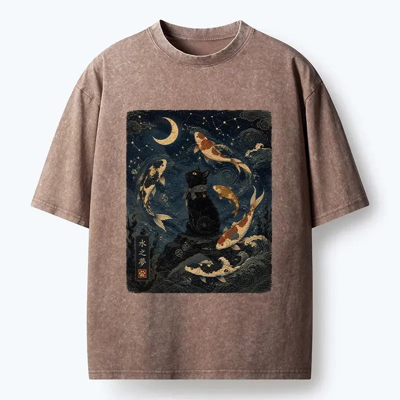 Kyoto-Lion Black Cat And Koi Fish Washed T-Shirt