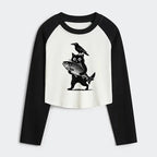 Kyoto-Lion Black Animals Funny Women's Crop Raglan T-Shirt