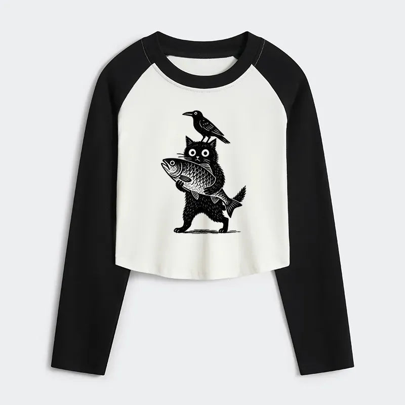 Kyoto-Lion Black Animals Funny Women's Crop Raglan T-Shirt