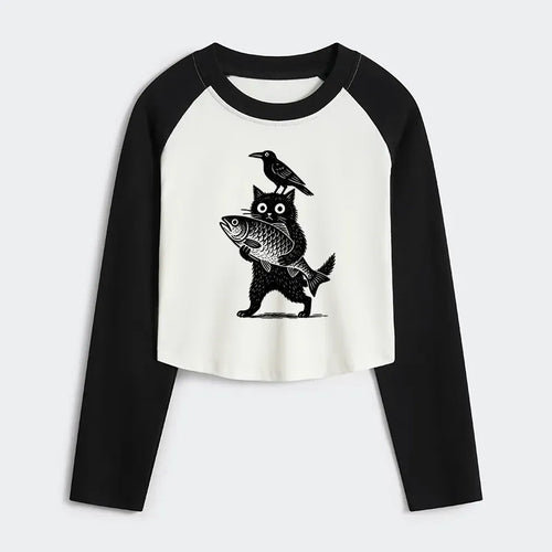 Kyoto-Lion Black Animals Funny Women's Crop Raglan T-Shirt