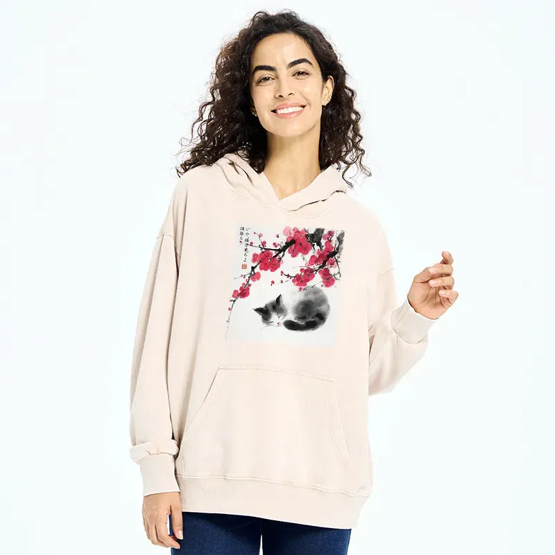 Kyoto-Lion Ink Wash Painting: A Cat Lying Flat Under The Tree Washed Hoodie