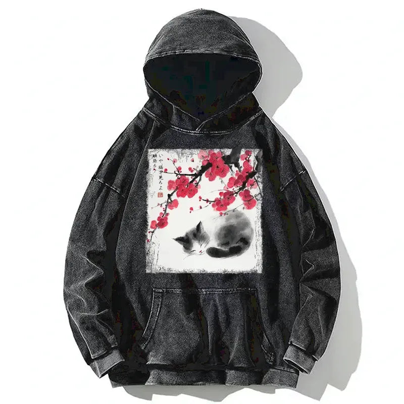 Kyoto-Lion Ink Wash Painting: A Cat Lying Flat Under The Tree Washed Hoodie