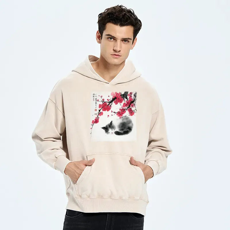 Kyoto-Lion Ink Wash Painting: A Cat Lying Flat Under The Tree Washed Hoodie