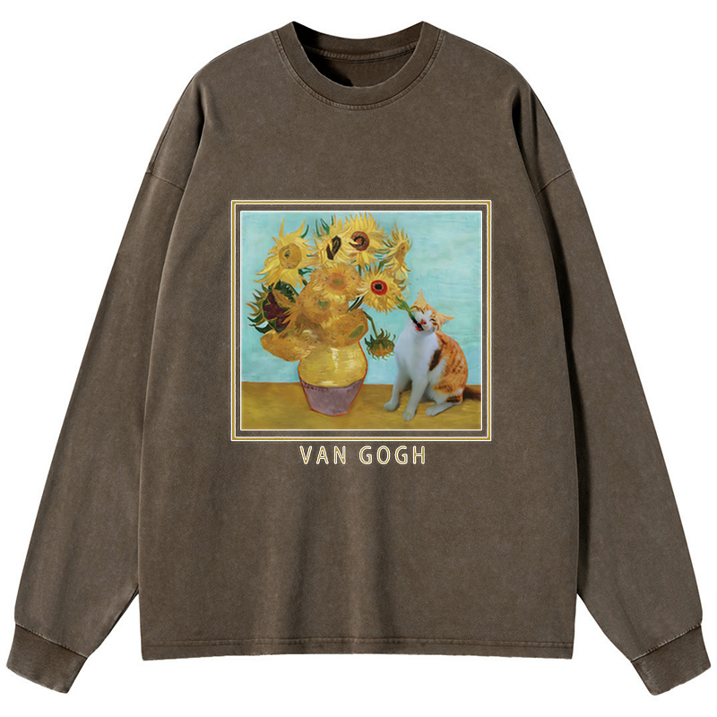 Kyoto-Lion Naughty Cat Biting Sunflower Washed Long Sleeve T-Shirt
