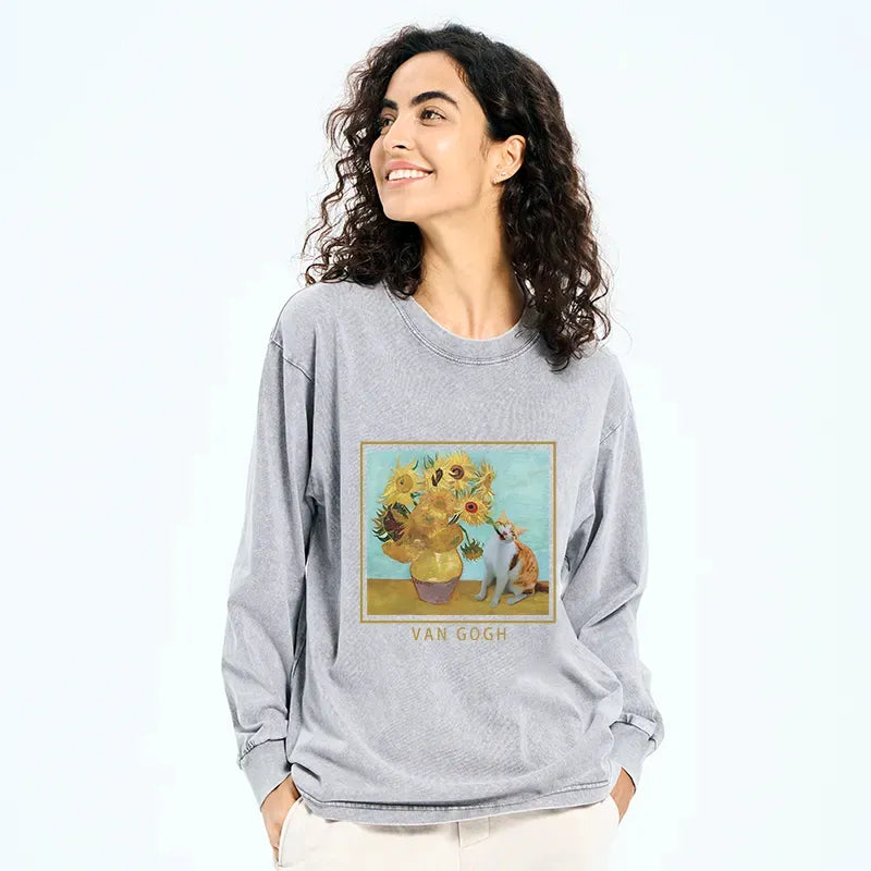 Kyoto-Lion Naughty Cat Biting Sunflower Washed Long Sleeve T-Shirt