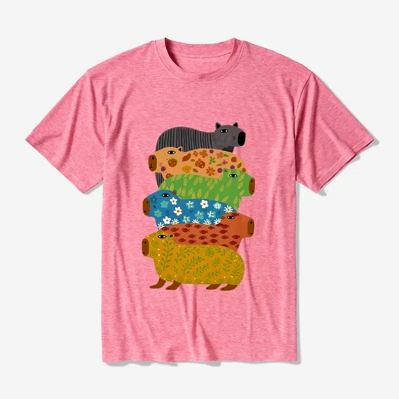 Kyoto-Lion Colorful Capybaras Cotton Blend T-Shirt