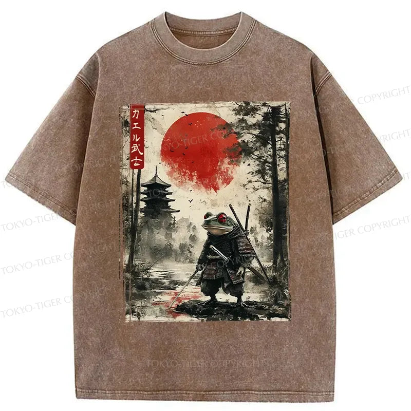 Kyoto-Lion Retro Frog Samurai Japan Washed T-Shirt