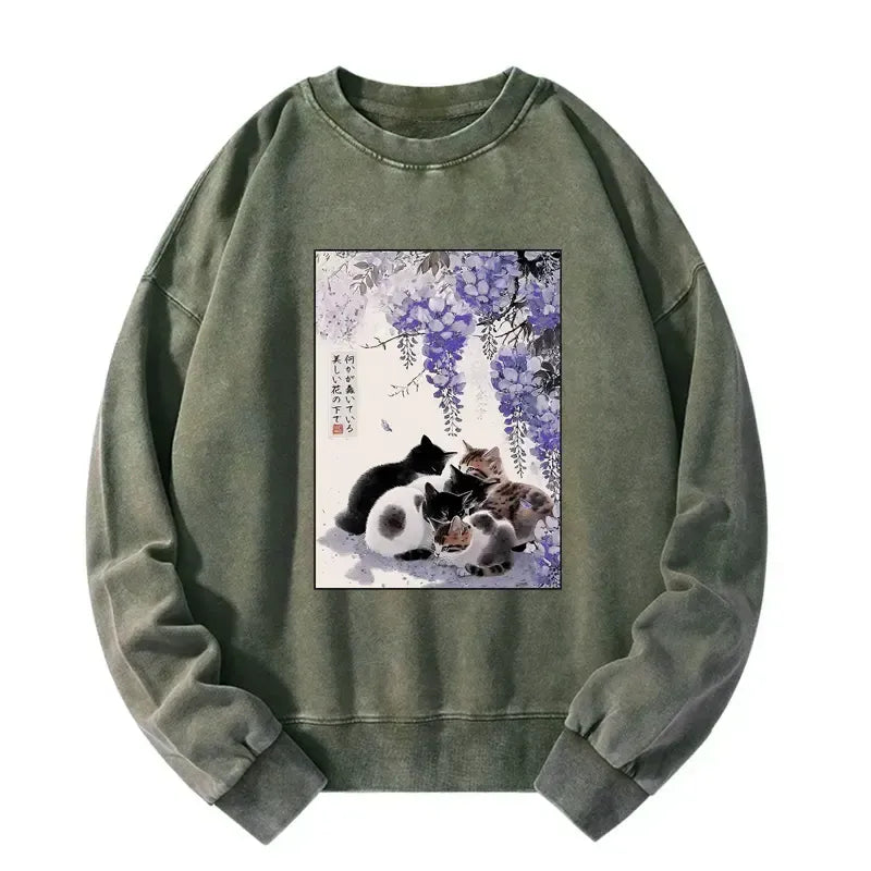 Washed unisex sweatshirt with wisteria cats