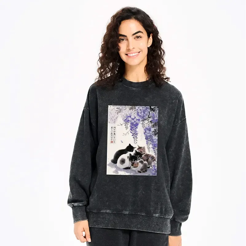 Washed unisex sweatshirt with wisteria cats