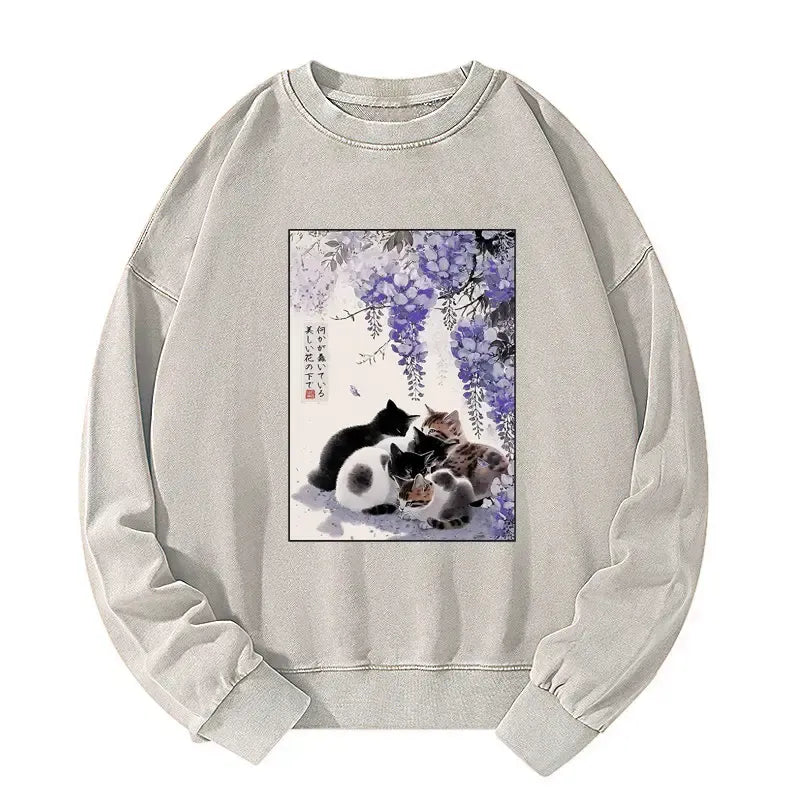 Washed unisex sweatshirt with wisteria cats