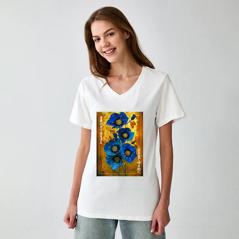 Kyoto-Lion Shiny Blue Flower Warm Golden Background V-Neck Classic T-Shirt