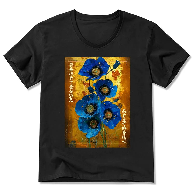 Kyoto-Lion Shiny Blue Flower Warm Golden Background V-Neck Classic T-Shirt