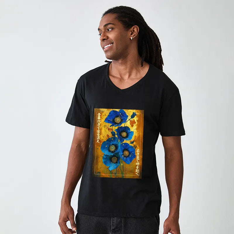 Kyoto-Lion Shiny Blue Flower Warm Golden Background V-Neck Classic T-Shirt