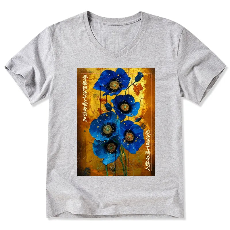 Kyoto-Lion Shiny Blue Flower Warm Golden Background V-Neck Classic T-Shirt