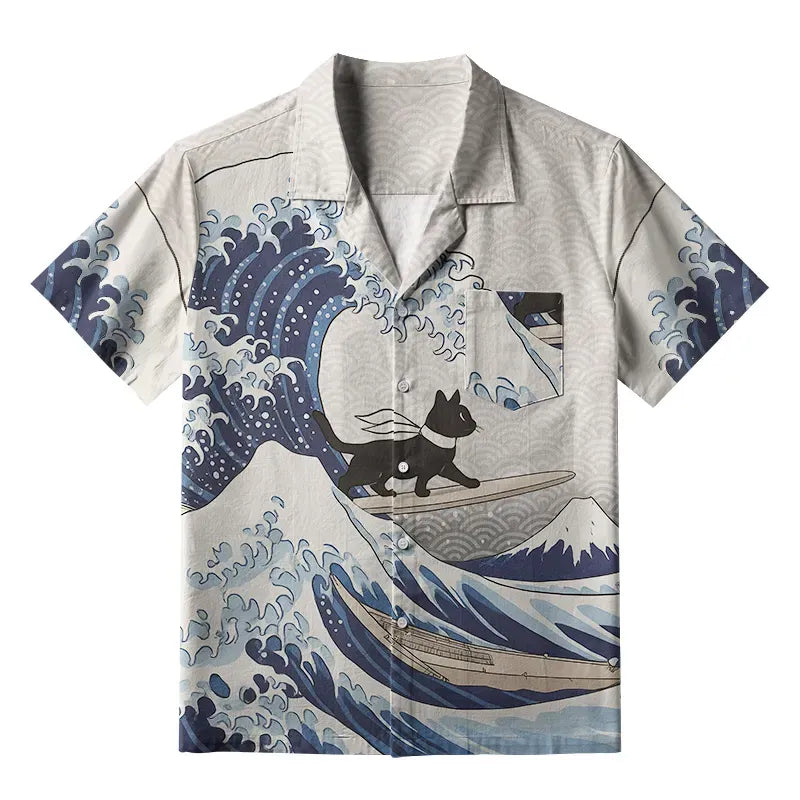 Kyoto-Lion Black Cat Surfing Aloha Hawaiian Shirt