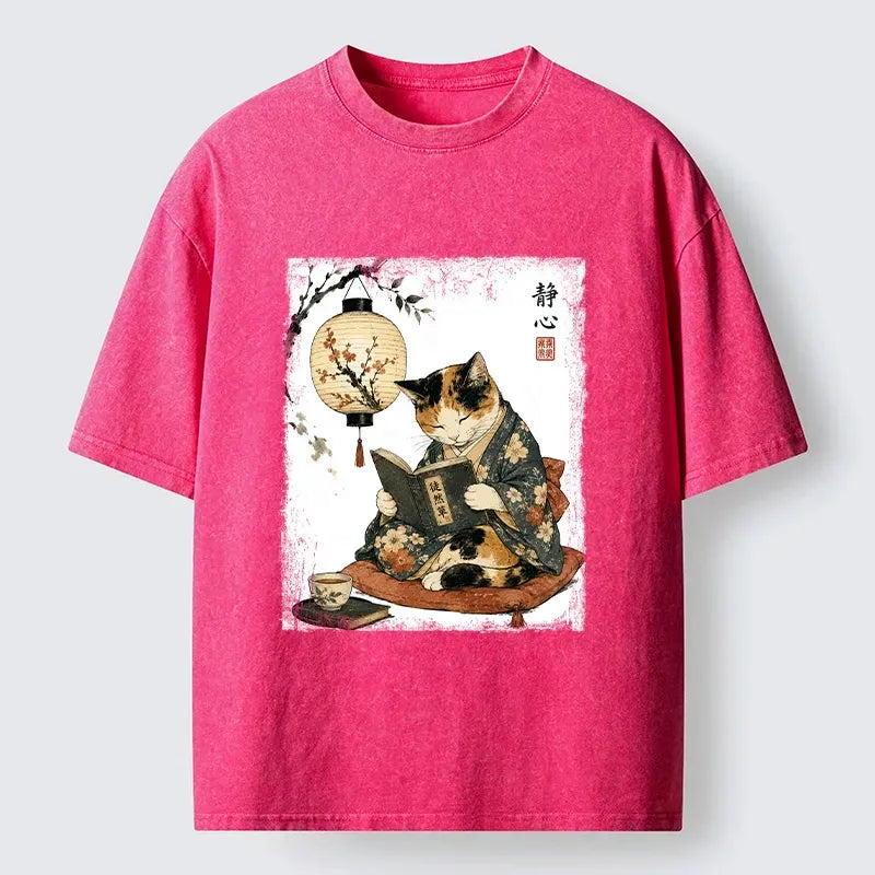 Cute Cat Reading Book Washed T-Shirt on Sale