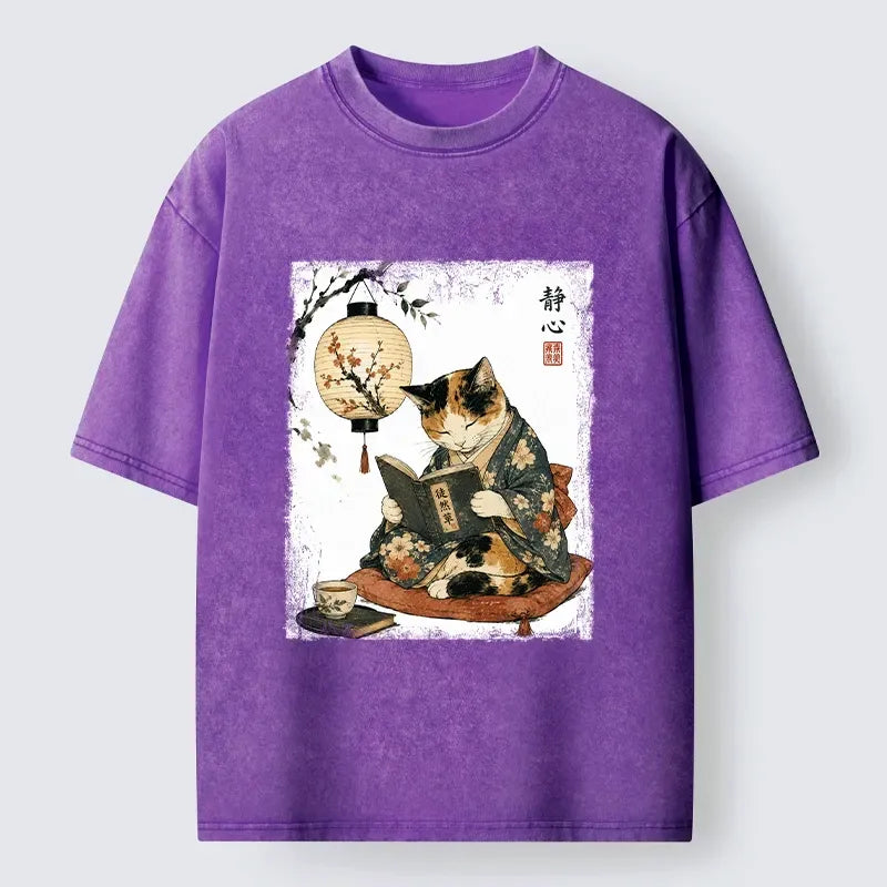 Kyoto-Lion Kimono Cat Reads Book Peaceful Night Vibe Washed T-Shirt