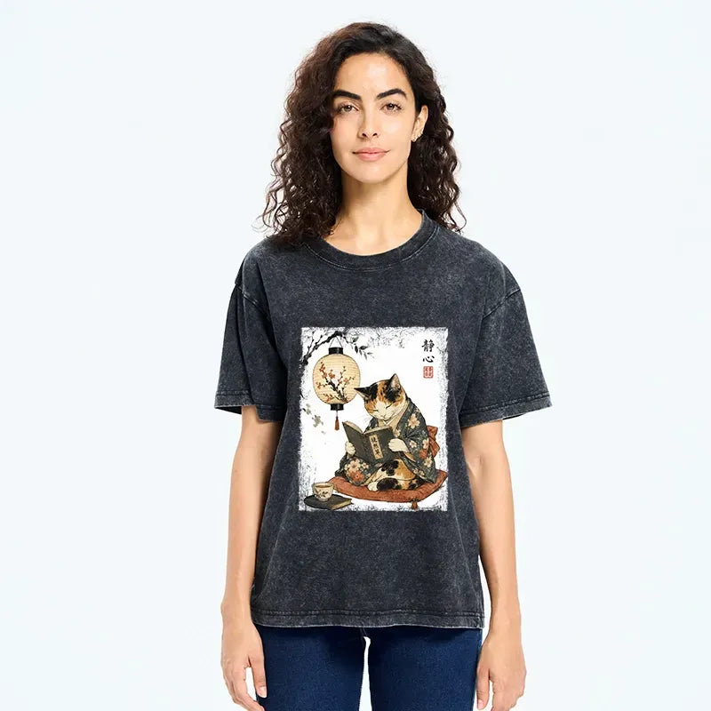 Cute Cat Reading Book Washed T-Shirt on Sale