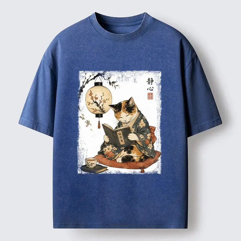 Kyoto-Lion Kimono Cat Reads Book Peaceful Night Vibe Washed T-Shirt