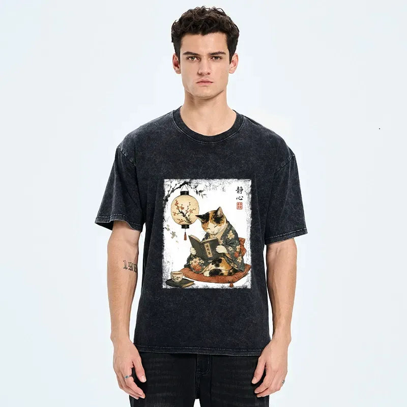 Cute Cat Reading Book Washed T-Shirt on Sale